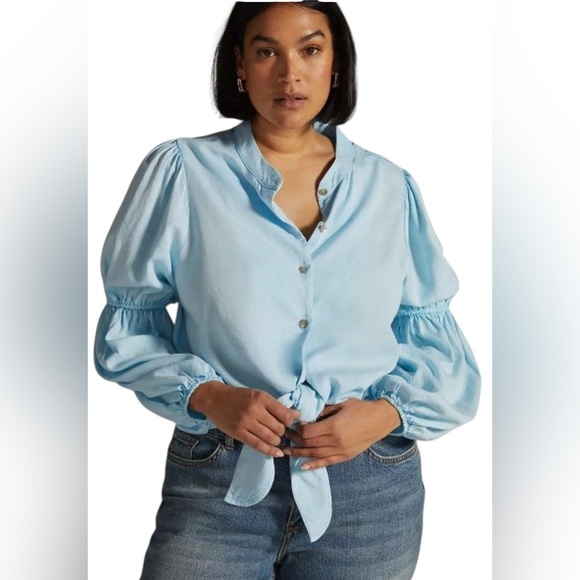 Anthropologie Women's Blue Long Sleeves Amadi Tie Puff Sleeve Blouse Size 2X - Picture 1 of 10